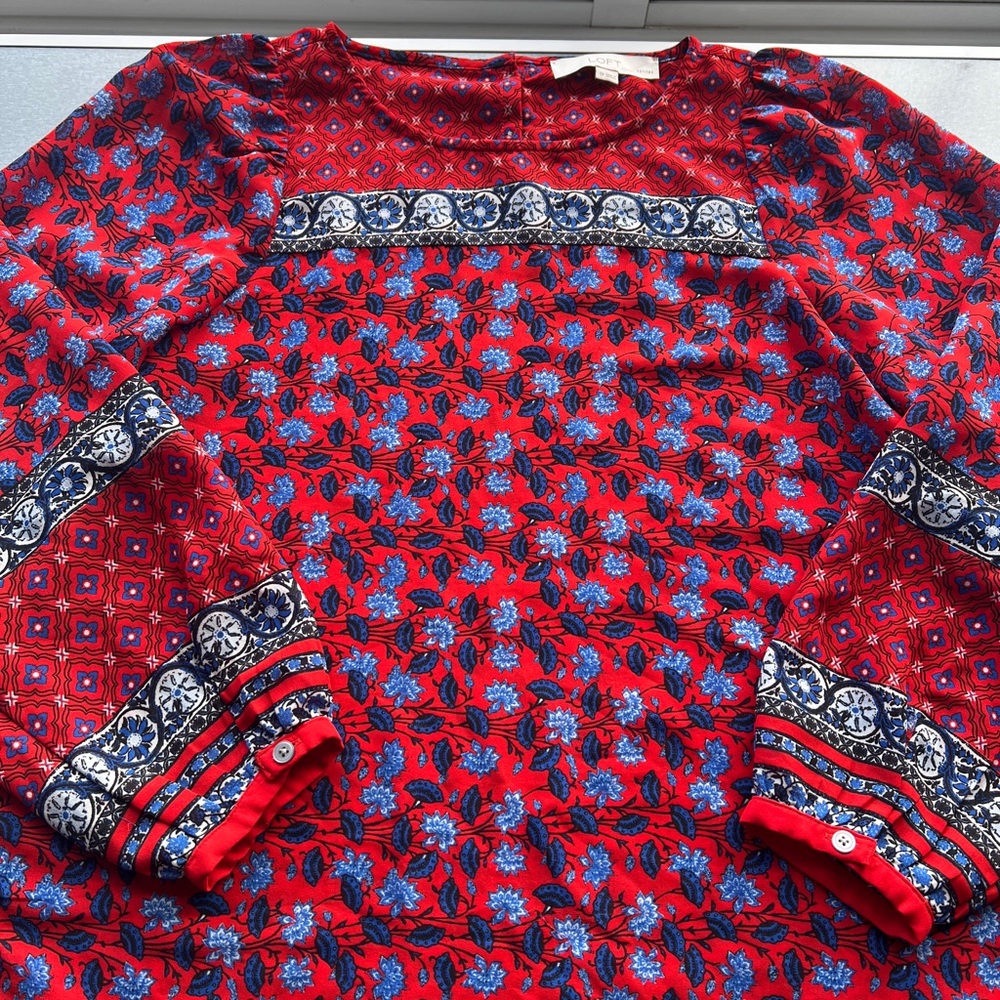LOFT Red and Blue Geometric Blouse